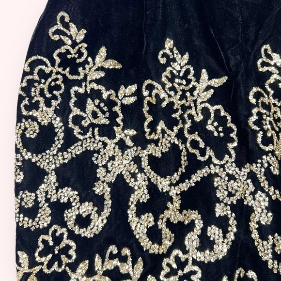 Jessica McClintock GUNNE SAX Vintage Black Velvet Gold Glitter Strapless Dress - Picture 6 of 8